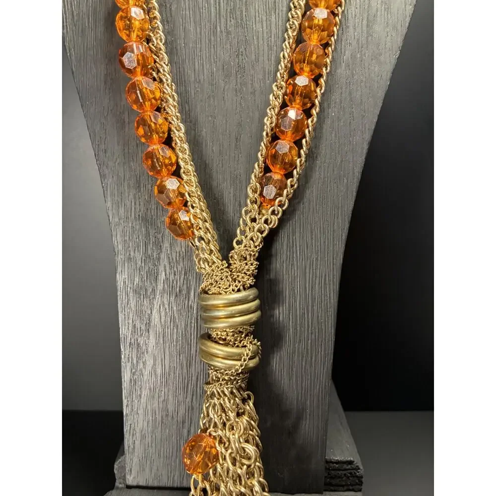 Vintage Gold Chain Fringe Necklace Amber Faceted Bead Statement